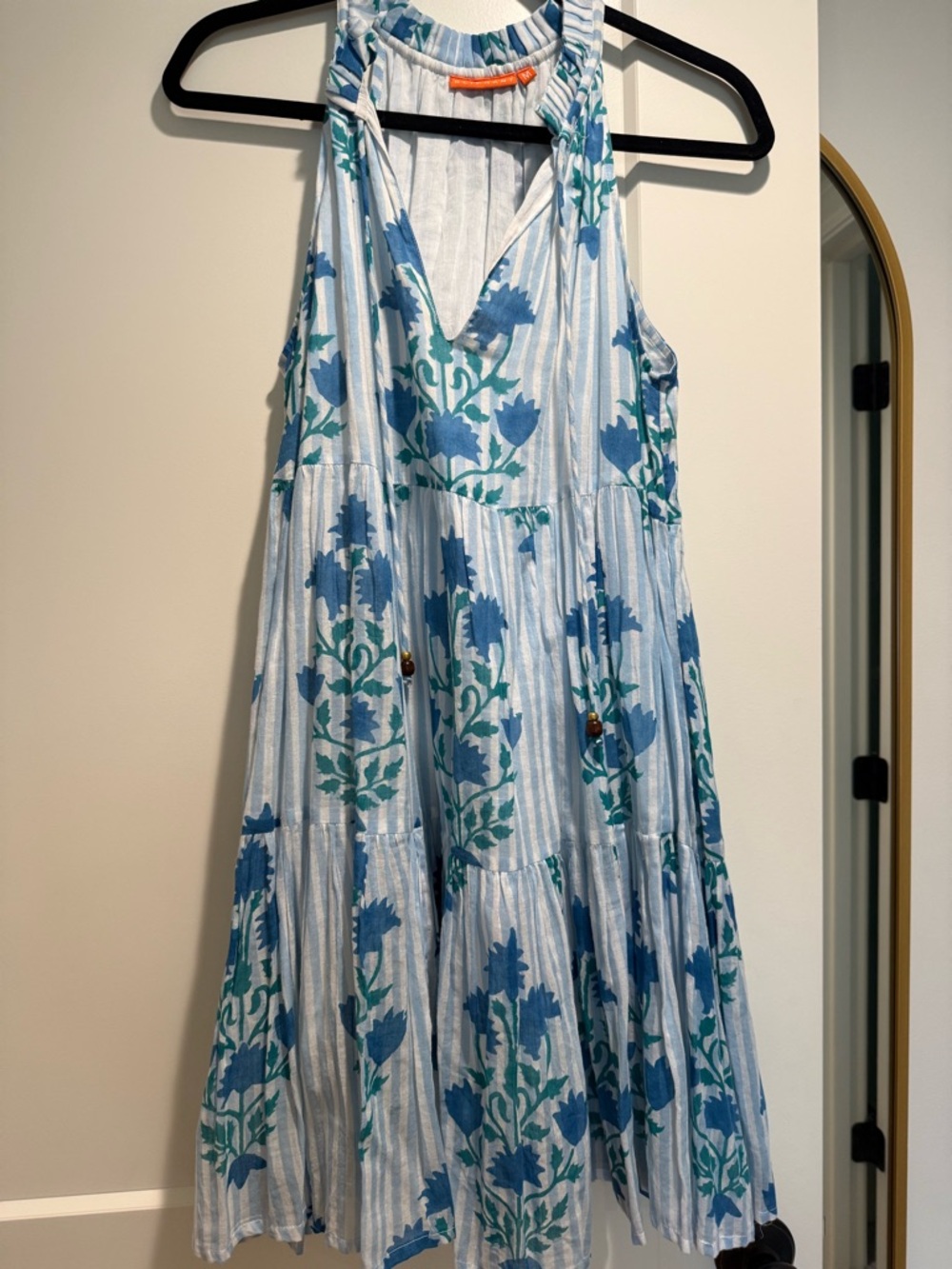 Oliphant Blue & Teal Floral Tiered Halter Short Dress
